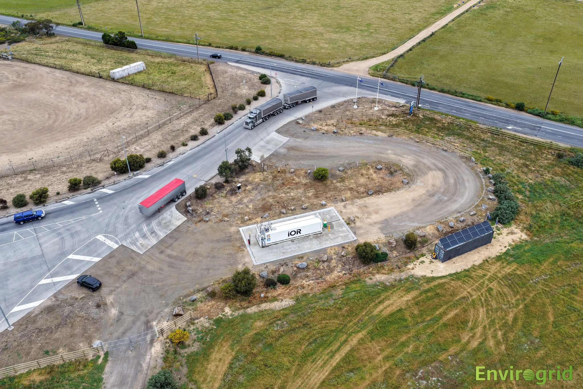 Aerial view of the depot layout, fuel installation and vehicle circulation area.