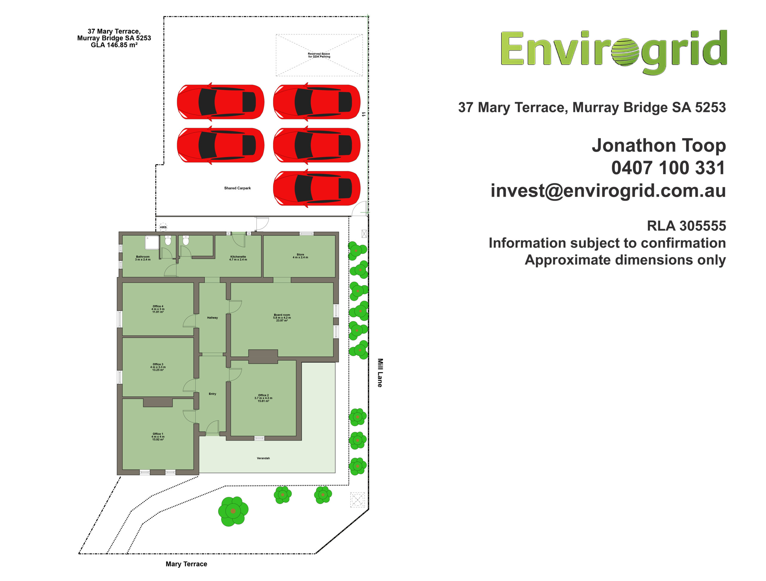 Site and floor plan of 37 Mary Terrace showing four offices, a boardroom, amenities and the shared rear carpark.