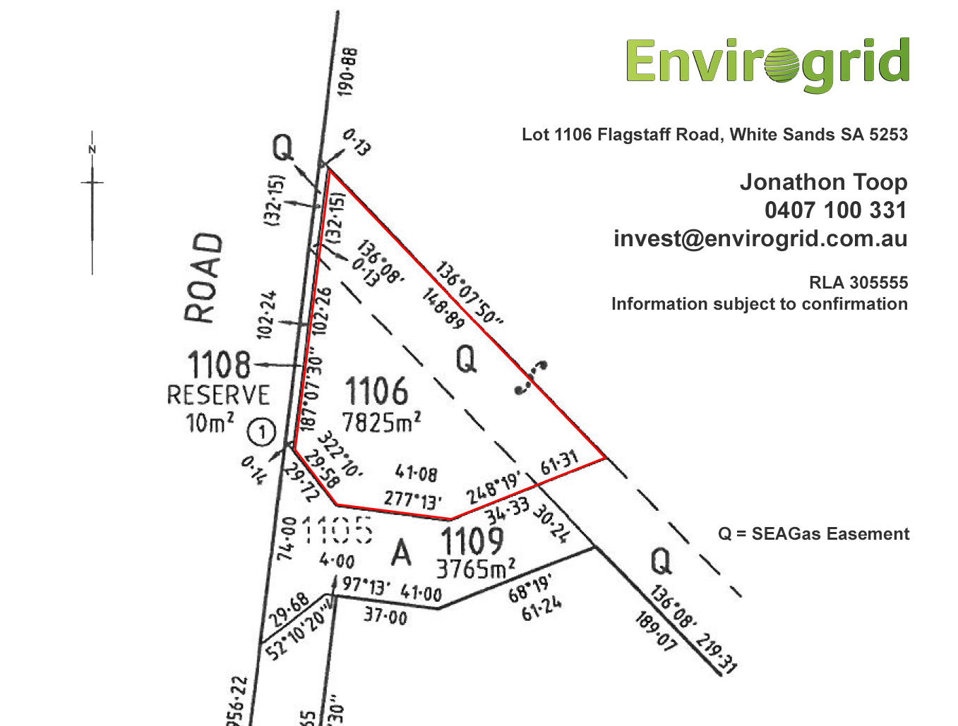 Site plan for Lot 1106 showing the 7,825 square metre parcel and marked SEAGas easement.